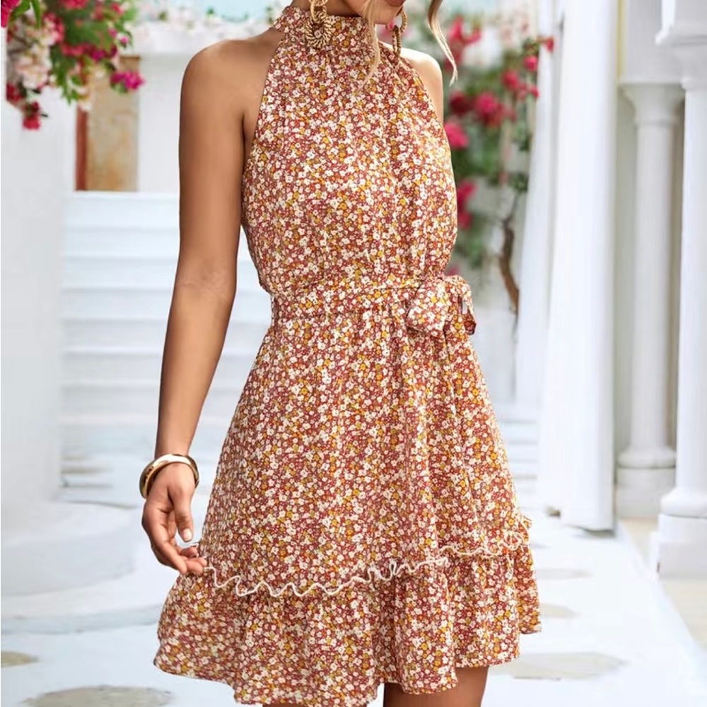 Floral Halter Ruffle Dress Size Small
